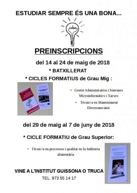 Obertes les preinscripcions per cursar cicles formatius a l’institut de Guissona