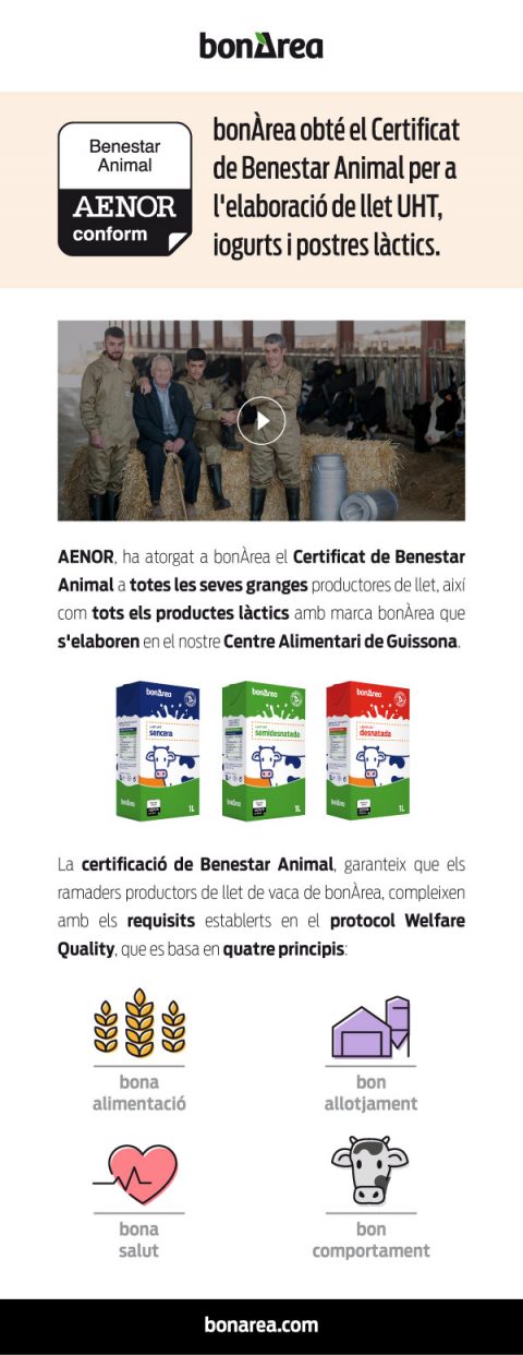 bonÀrea obté el Certificat de Benestar Animal per a l’elaboració de llet UHT, iogurts i postres làctics.