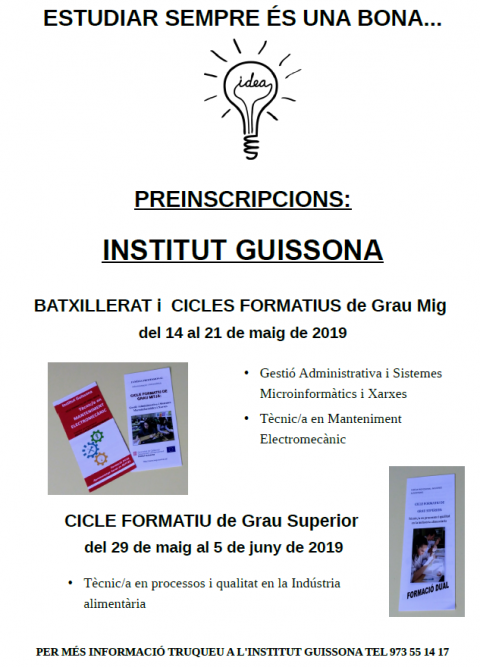 Preinscripcions als Cicles Formatius de l’Institut de Guissona