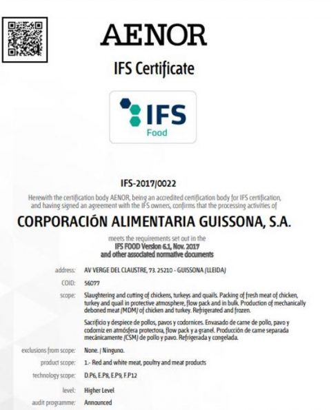 RENOVACIÓN CERTIFICACIÓN IFS FOOD AL MATADERO Y DESPIECE DE AVES