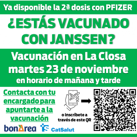 ¿ESTÁS VACUNADO CON JANSSEN? Día 23-nov -> Vacunación de 2ª dosis con PFIZER en bonÀrea