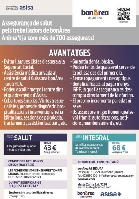 ¡Último mes para poderte dar de alta en el Seguro de Salud para los trabajadores/ras de bonÀrea sin carencias y sin preexistencias!