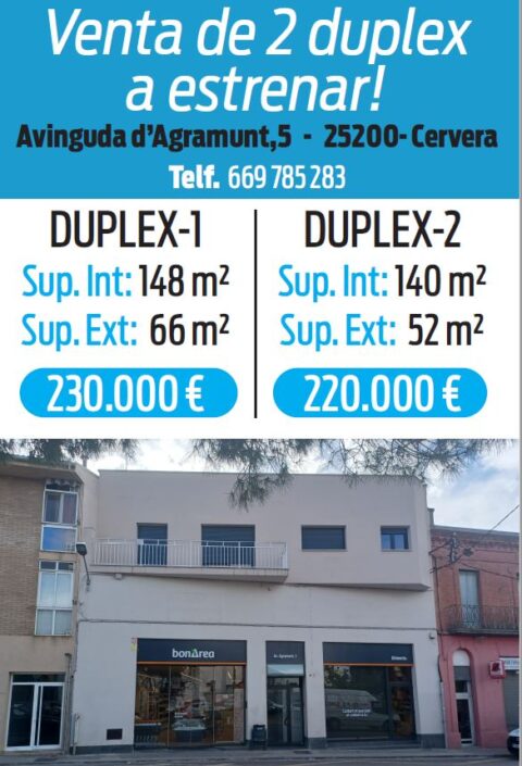 Es venen dos dúplex a Cervera (amb el finançament de CaixaGuissona) / Se venden dos dúplex en Cervera (con la financiación de CaixaGuissona)